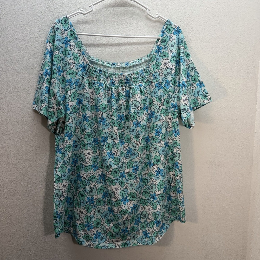 LANDS' END Plus Size 1X Flowy Floral Short Sleeve Peasant Top NWT Cotton Blend